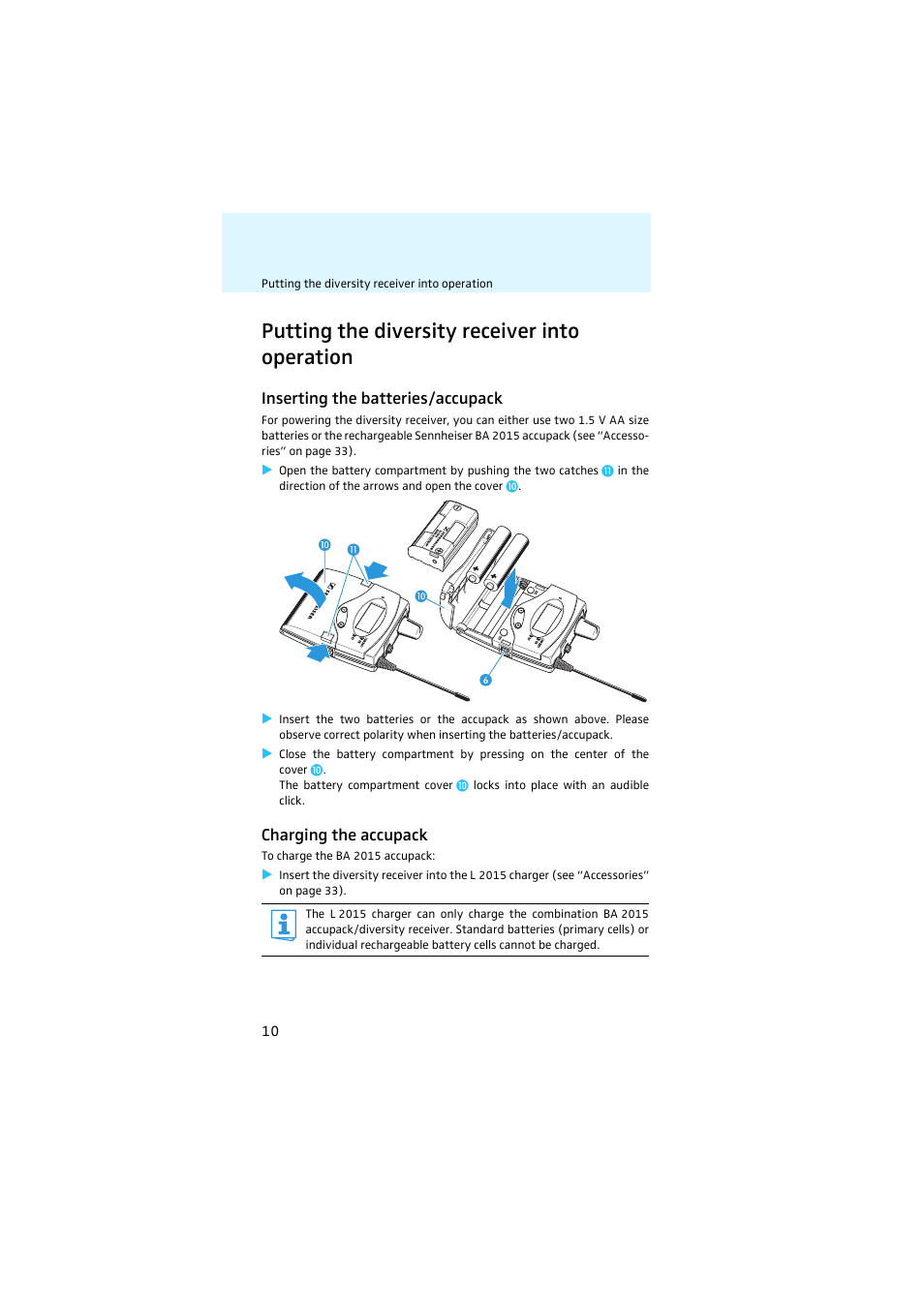 Putting the diversity receiver into operation, Inserting the batteries/accupack, Charging the accupack | Sennheiser EK 2000 IEM User Manual | Page 11 / 41