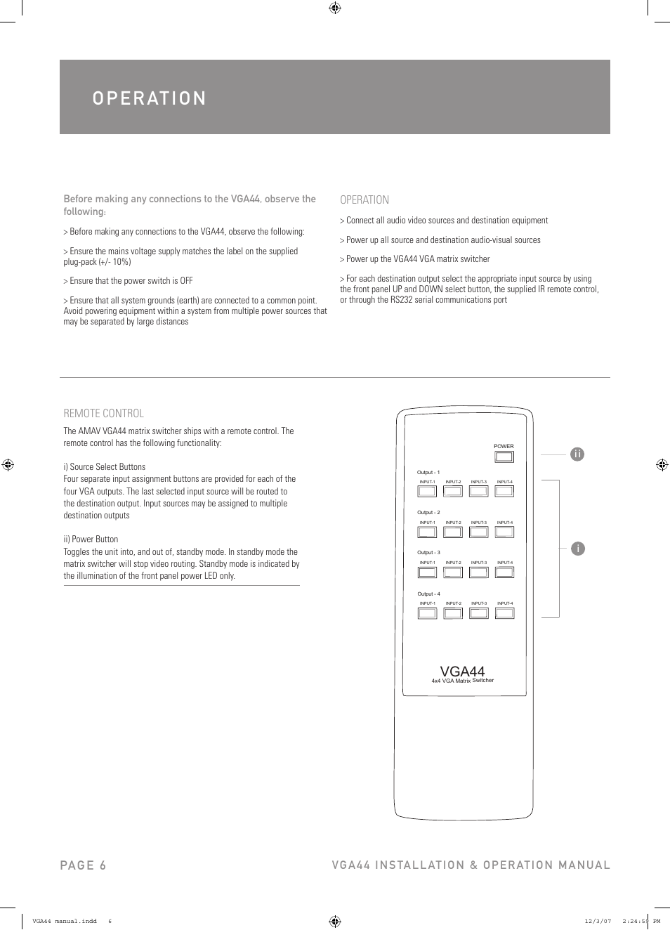 Vga44, Pag e 6, Operation | Remote control, Ii i | Australian Monitor VGA44 User Manual | Page 6 / 8