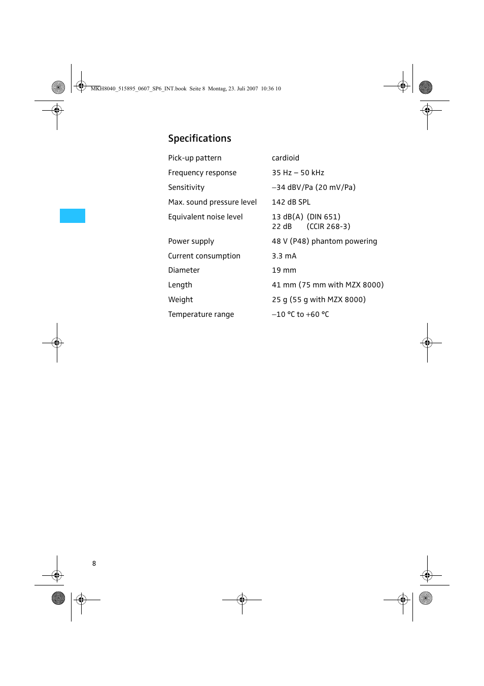 Specifications | Sennheiser MKH 8040 User Manual | Page 10 / 13