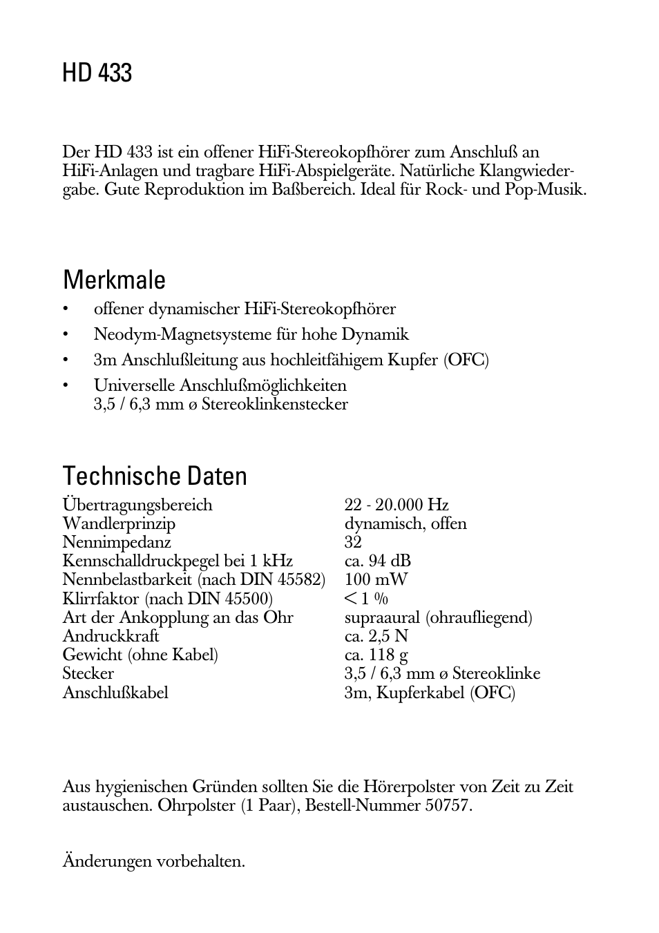 Gebrauchsanleitung, Merkmale, Technische daten | Hd 433 | Sennheiser HD 433 User Manual | Page 2 / 8