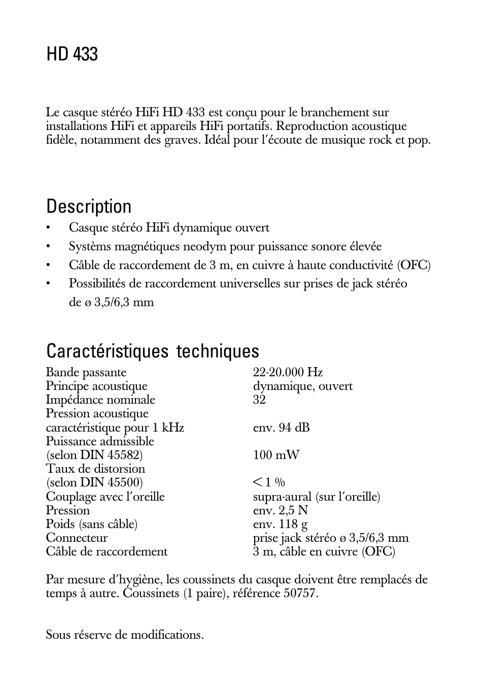Notice d'emploi, Hd 433, Description | Caractéristiques techniques | Sennheiser HD 433 User Manual | Page 4 / 8