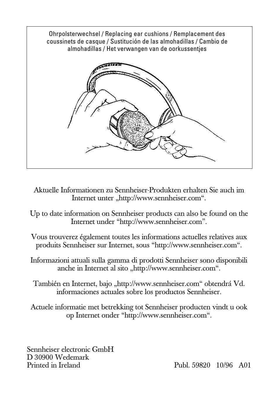 Ohrpolsterwechsel, Replacing ear cushions, Remplacement des coussinets de casque | Sustitución de las almohadillas, Cambio de almohadillas, Het verwangen van de oorkussentjes | Sennheiser HD 433 User Manual | Page 8 / 8