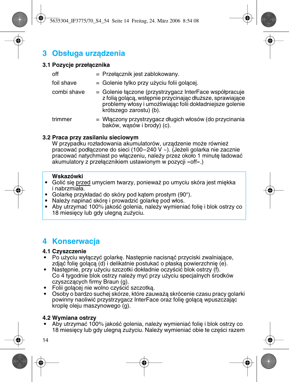 3 obs∏uga urzàdzenia, 4 konserwacja | Braun 3775 User Manual | Page 14 / 50