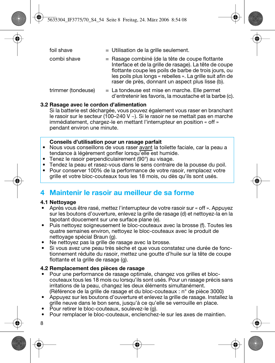 4 maintenir le rasoir au meilleur de sa forme | Braun 3775 User Manual | Page 8 / 50
