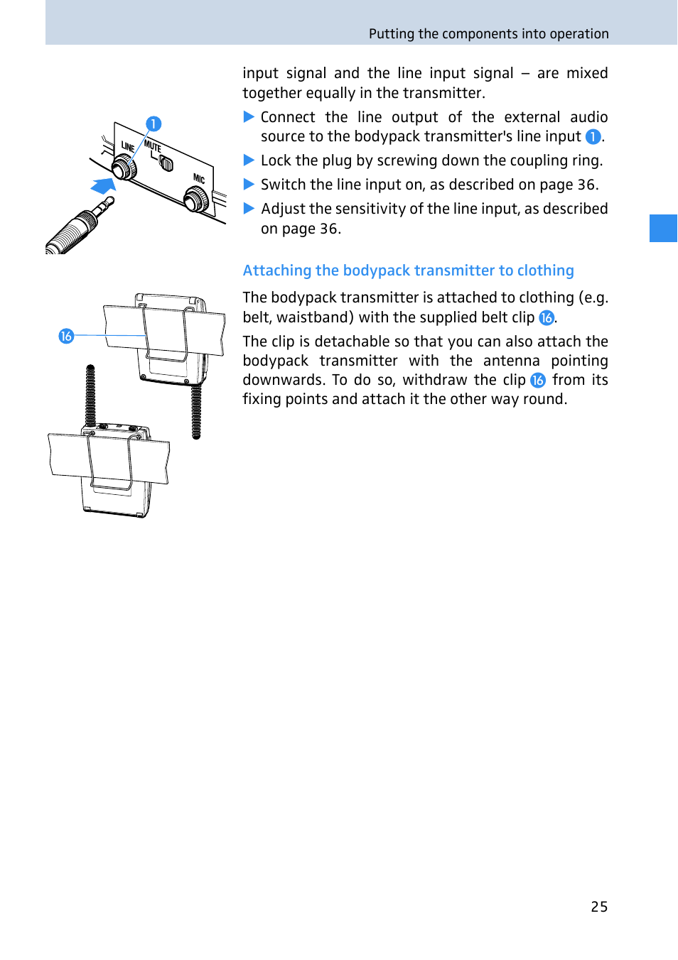Attaching the bodypack transmitter to clothing | Sennheiser 2020 User Manual | Page 27 / 60