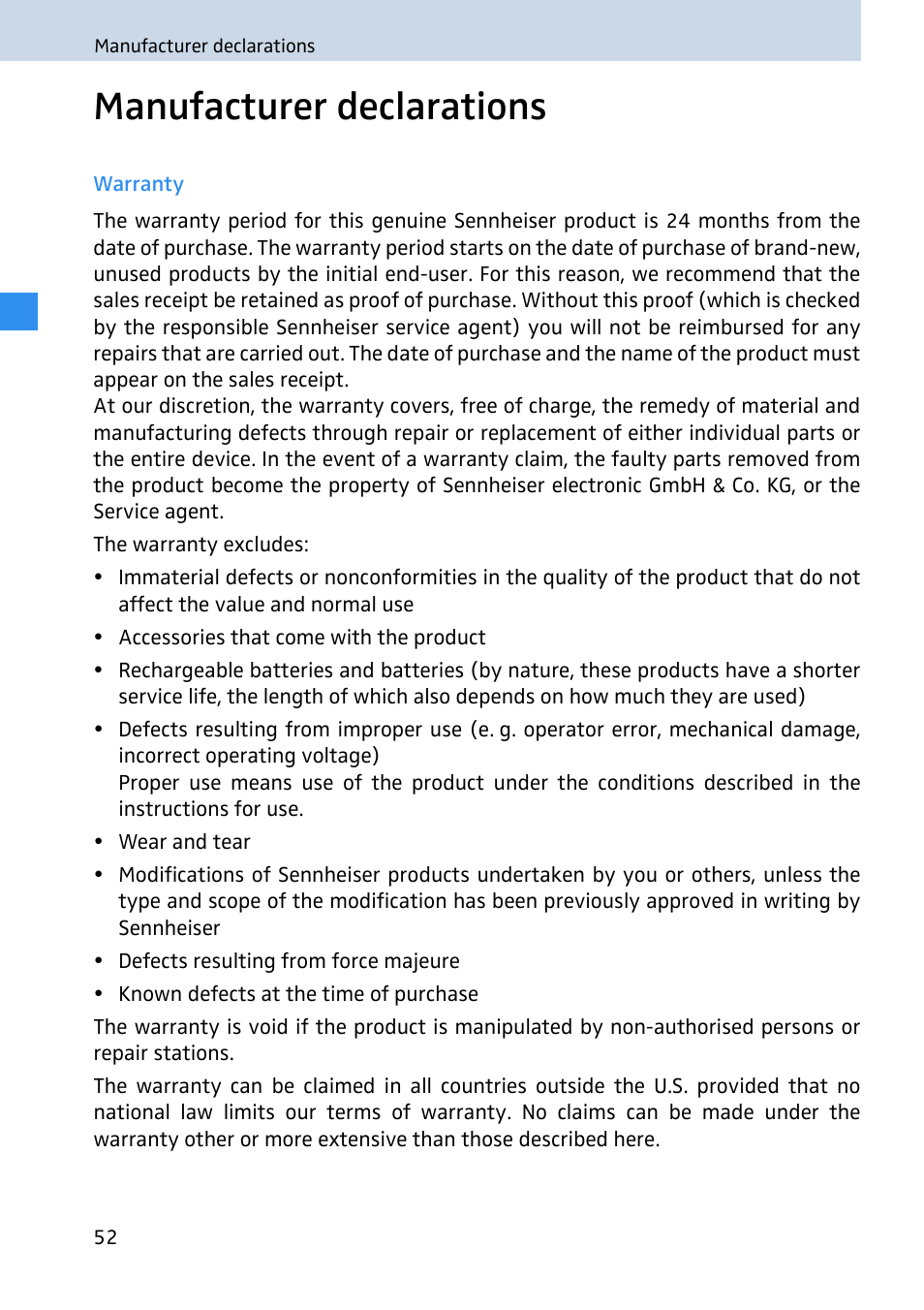 Manufacturer declarations, Warranty | Sennheiser 2020 User Manual | Page 54 / 60
