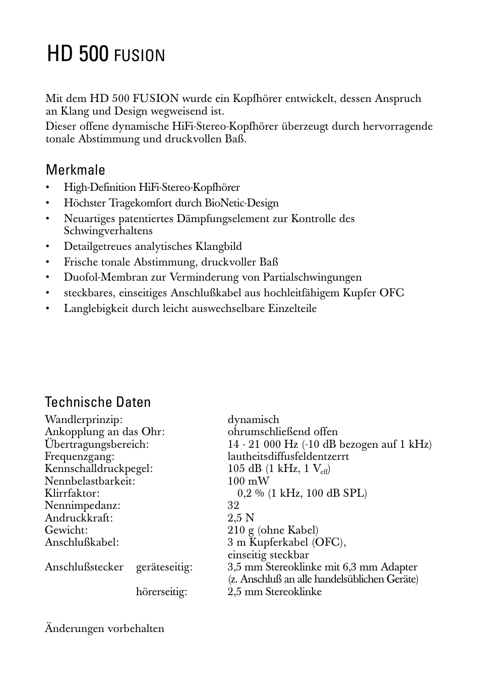 Gebrauchsanleitung, Hd 500, Fusion | Technische daten, Merkmale | Sennheiser FUSION HD 500 User Manual | Page 2 / 8