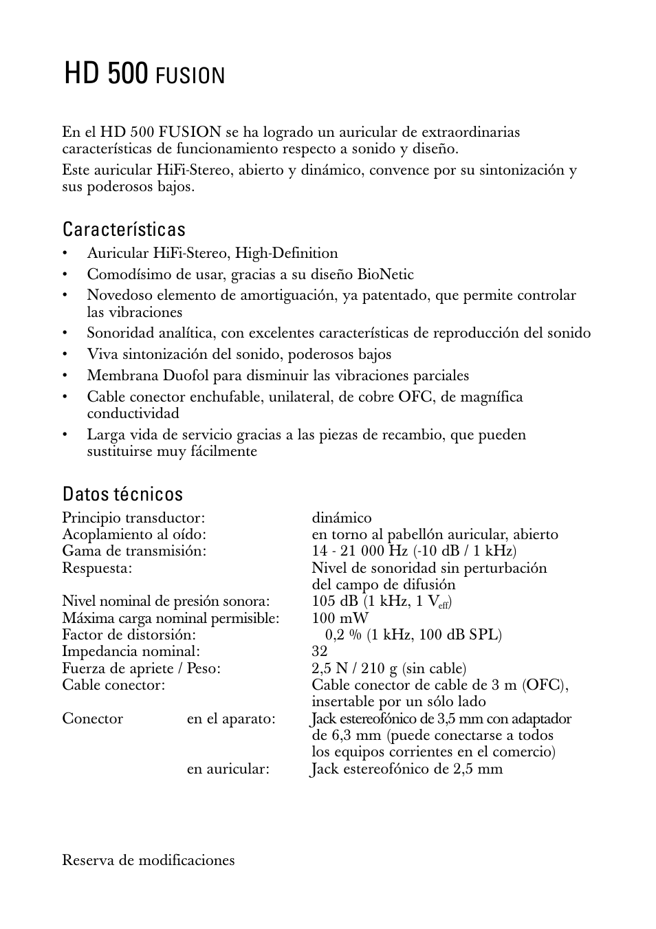 Instrucciones para el uso, Hd 500, Fusion | Características, Datos técnicos | Sennheiser FUSION HD 500 User Manual | Page 6 / 8