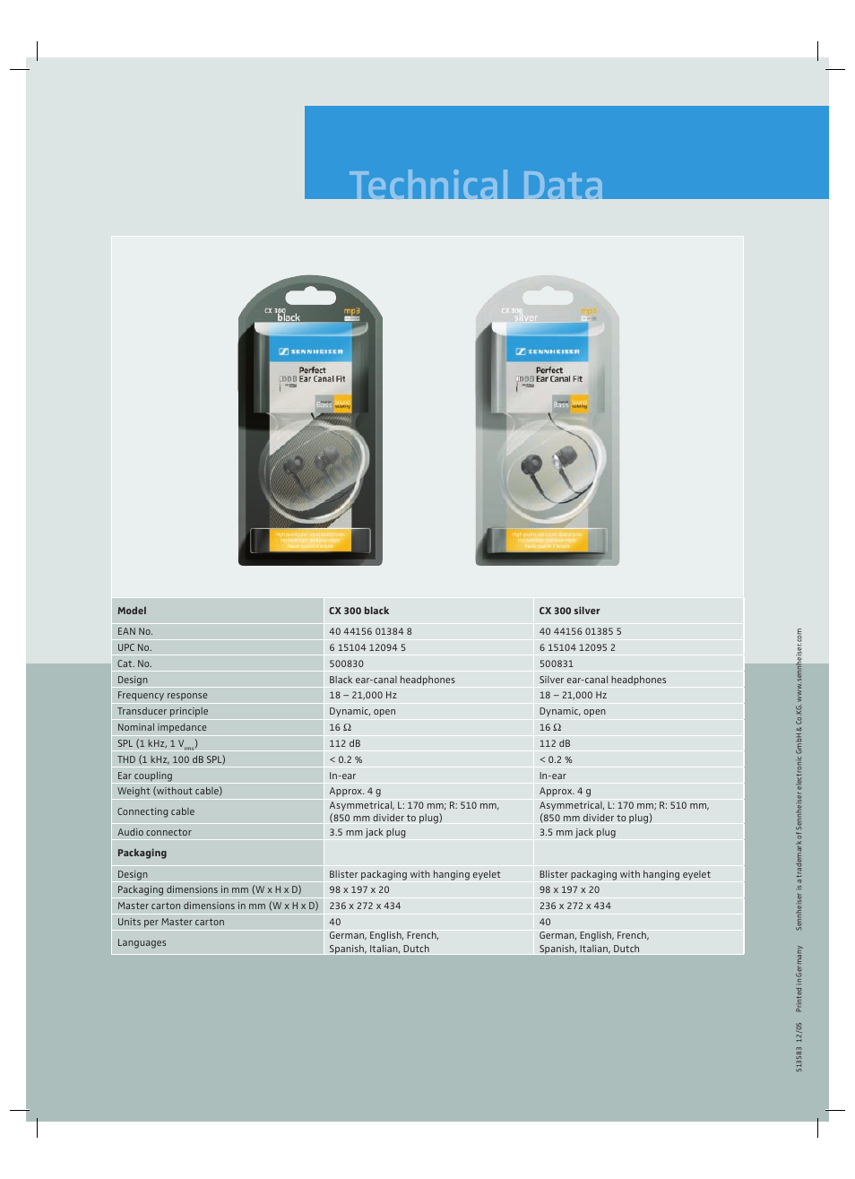 Technical data | Sennheiser Earphones CX 300 silver User Manual | Page 2 / 2