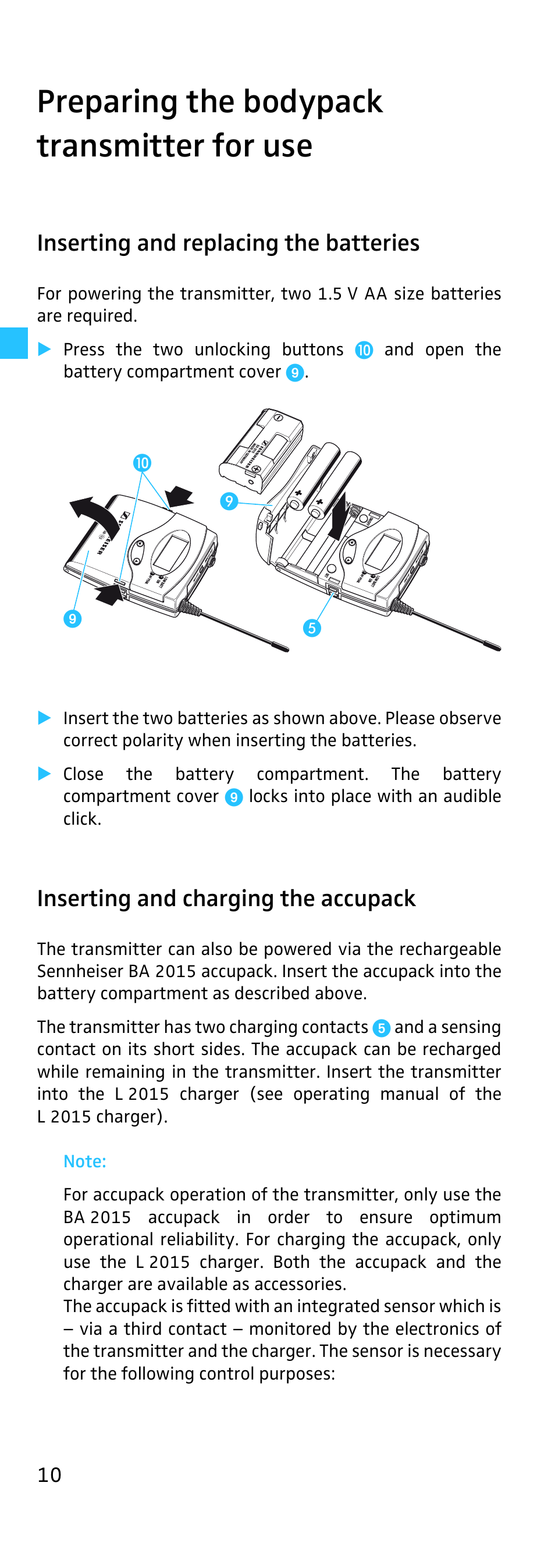 Preparing the bodypack transmitter for use, Inserting and replacing the batteries, Inserting and charging the accupack | Sennheiser EK 500 User Manual | Page 10 / 31