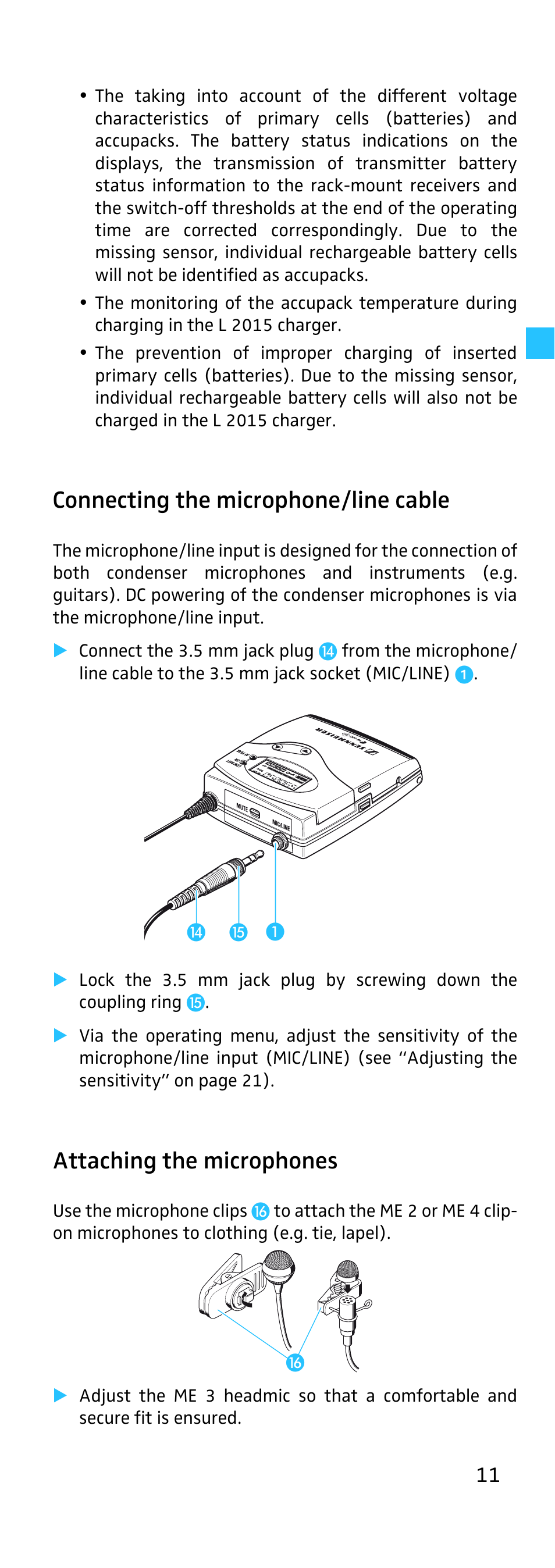 Connecting the microphone/line cable, Attaching the microphones | Sennheiser EK 500 User Manual | Page 11 / 31
