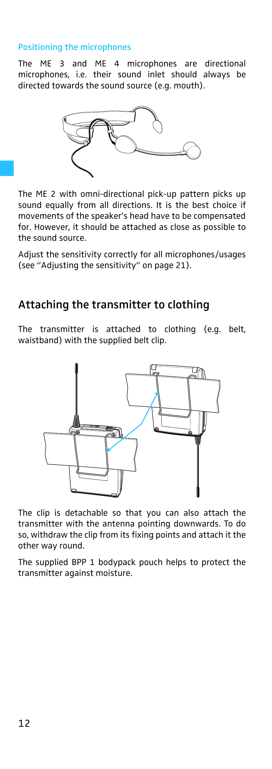 Positioning the microphones, Attaching the transmitter to clothing | Sennheiser EK 500 User Manual | Page 12 / 31
