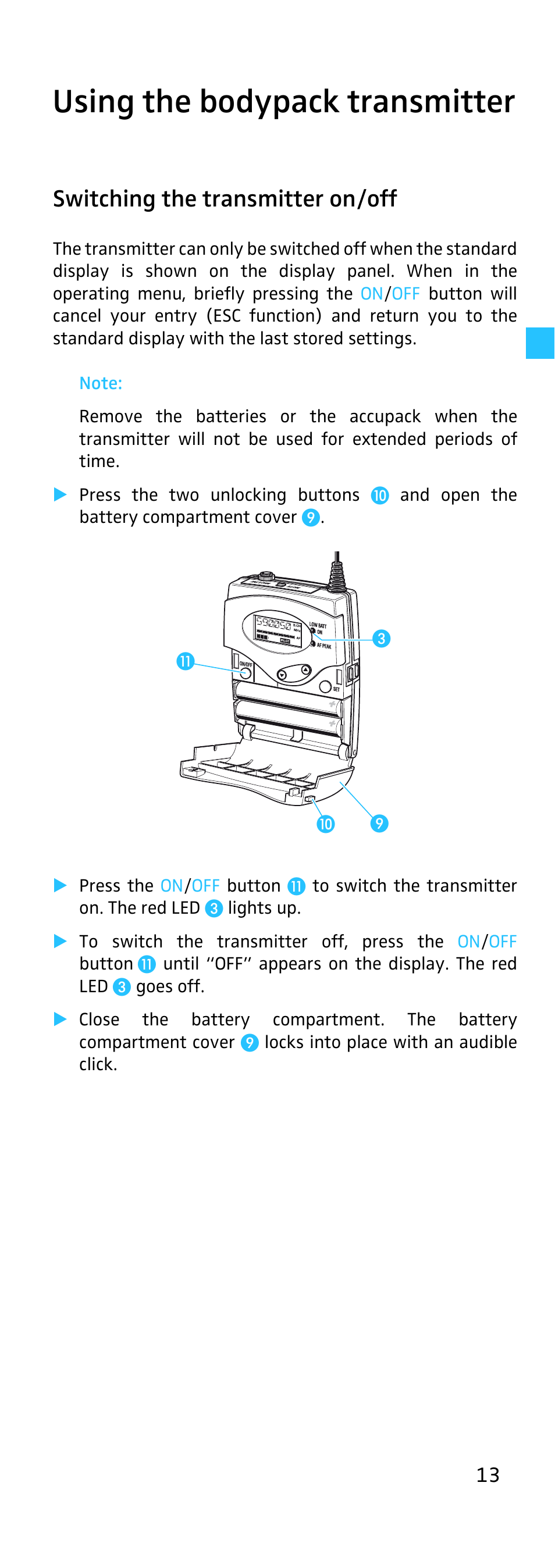 Using the bodypack transmitter, Switching the transmitter on/off | Sennheiser EK 500 User Manual | Page 13 / 31