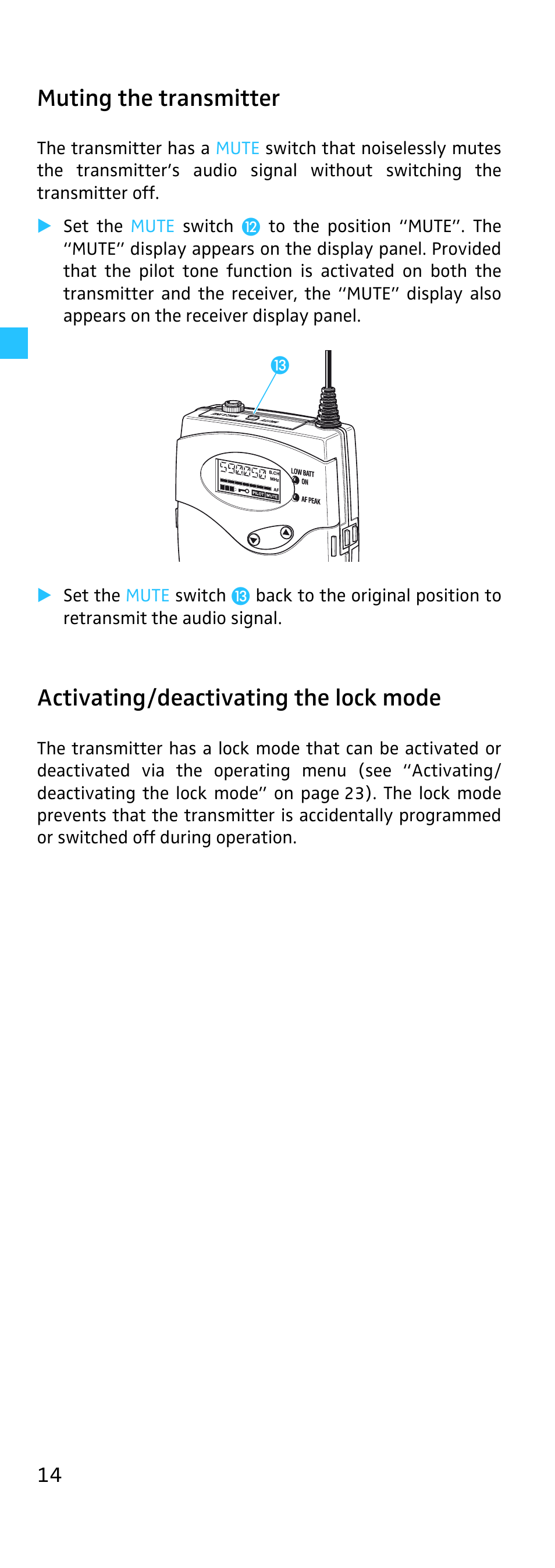 Muting the transmitter, Activating/deactivating the lock mode | Sennheiser EK 500 User Manual | Page 14 / 31