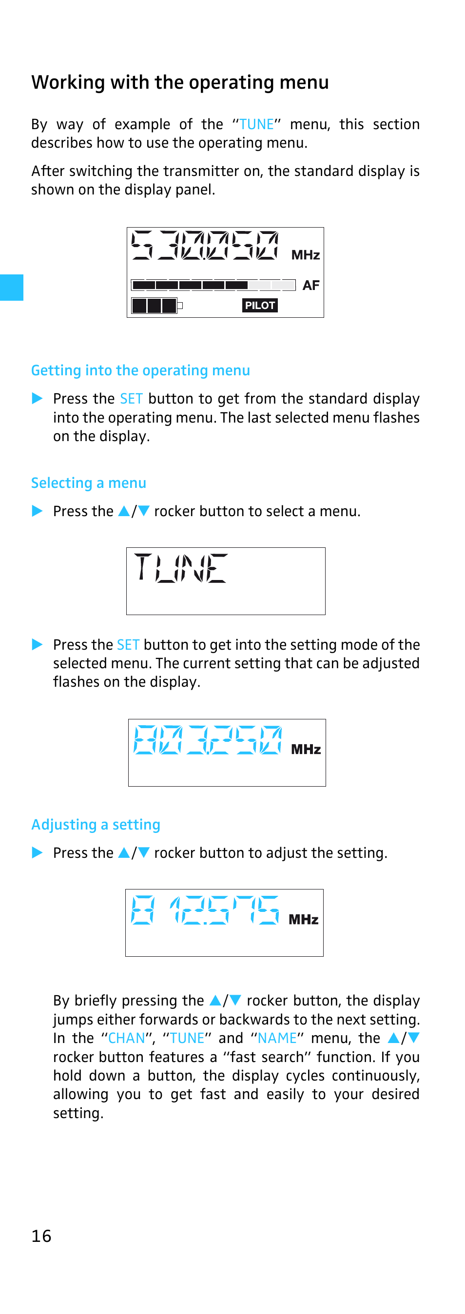 Working with the operating menu, Getting into the operating menu, Selecting a menu | Adjusting a setting | Sennheiser EK 500 User Manual | Page 16 / 31