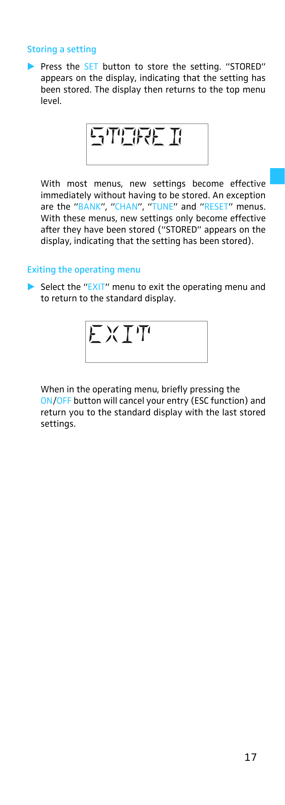 Storing a setting, Exiting the operating menu | Sennheiser EK 500 User Manual | Page 17 / 31