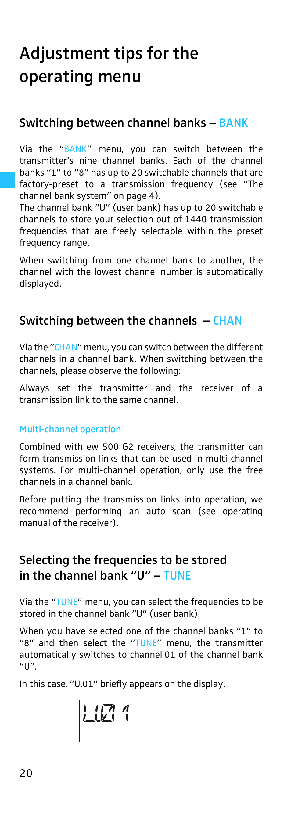 Adjustment tips for the operating menu, Switching between channel banks, Switching between the channels | Multi-channel operation, Switching between channel banks – bank, Switching between the channels – chan | Sennheiser EK 500 User Manual | Page 20 / 31