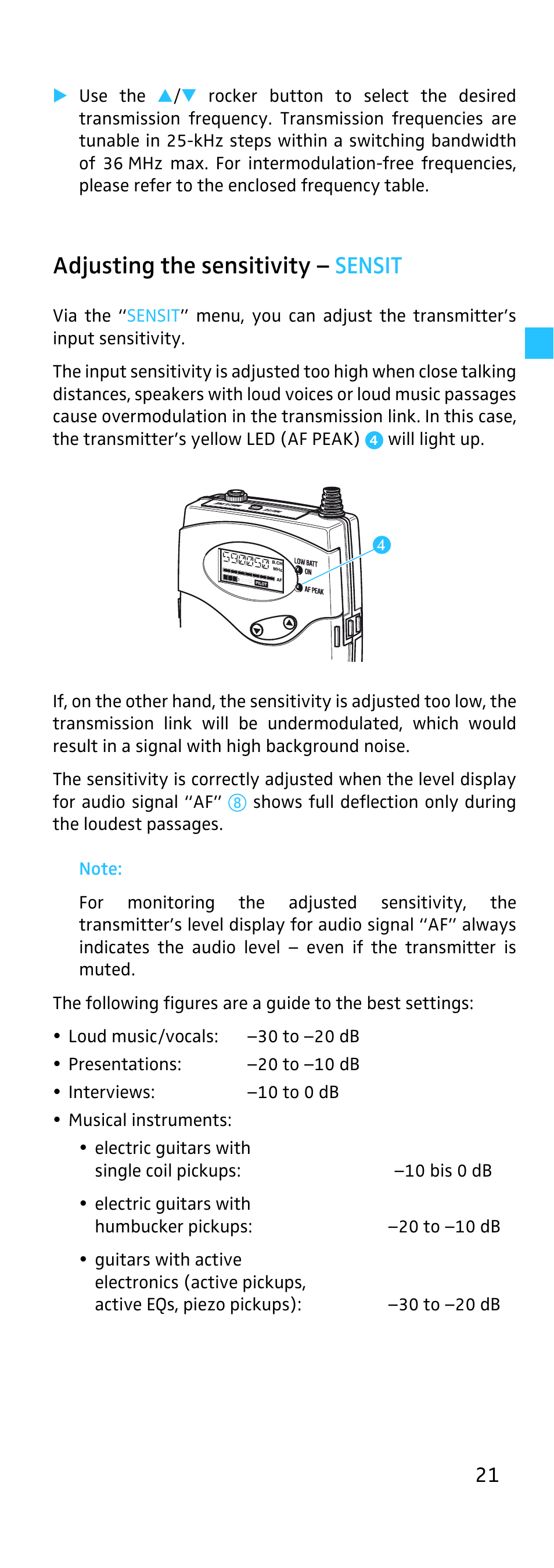 Adjusting the sensitivity, Adjusting the sensitivity – sensit | Sennheiser EK 500 User Manual | Page 21 / 31