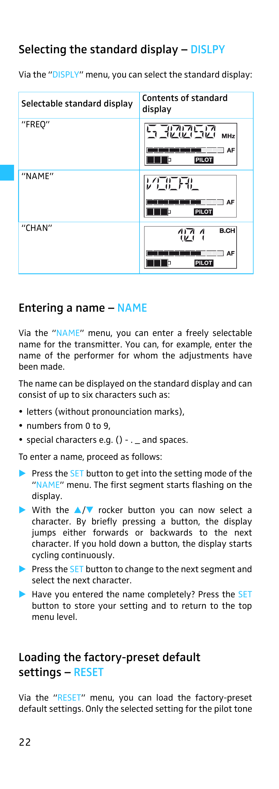 Selecting the standard display, Entering a name, Loading the factory-preset default settings | Selecting the standard display – dislpy, Entering a name – name | Sennheiser EK 500 User Manual | Page 22 / 31