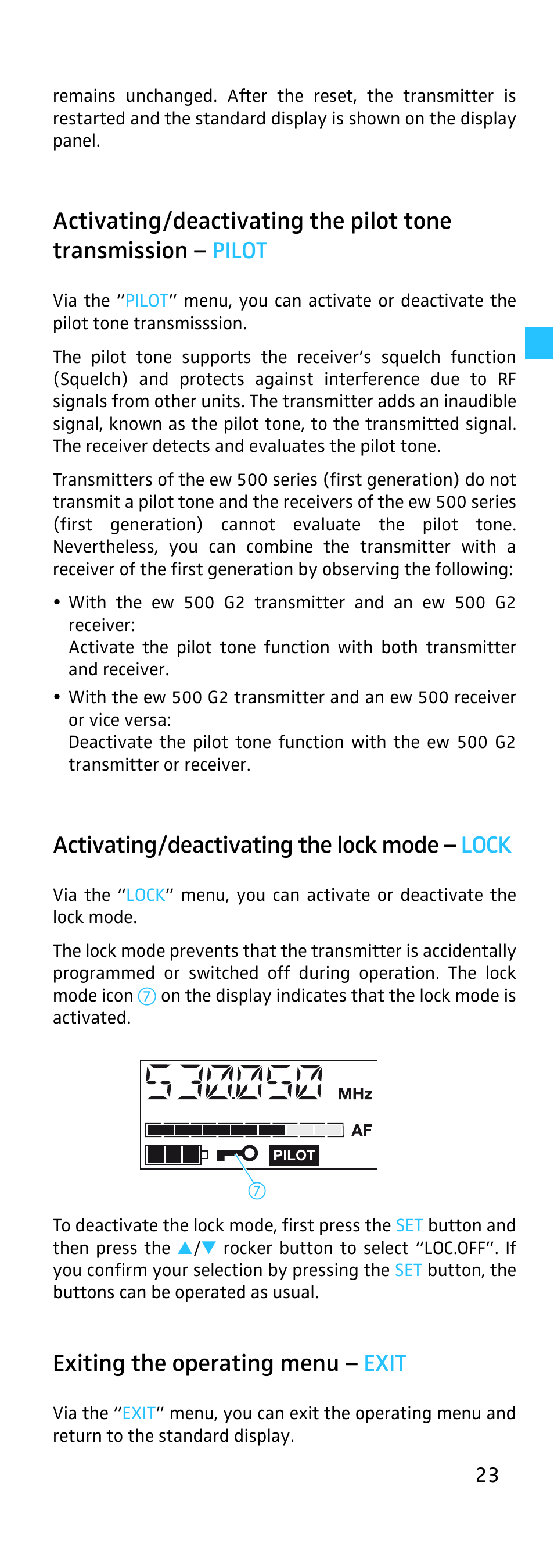 Activating/deactivating the lock mode, Exiting the operating menu, Activating/deactivating the lock mode – lock | Exiting the operating menu – exit | Sennheiser EK 500 User Manual | Page 23 / 31