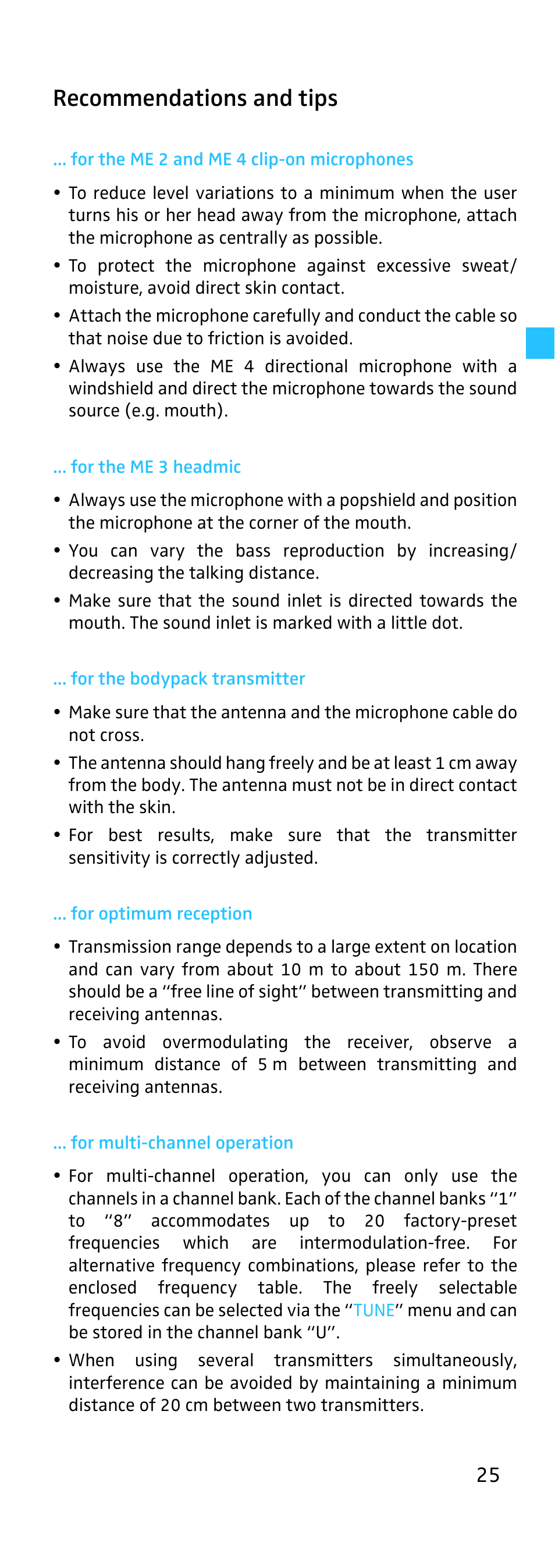 Recommendations and tips, For the me 2 and me 4 clip-on microphones, For the me 3 headmic | For the bodypack transmitter, For optimum reception, For multi-channel operation | Sennheiser EK 500 User Manual | Page 25 / 31
