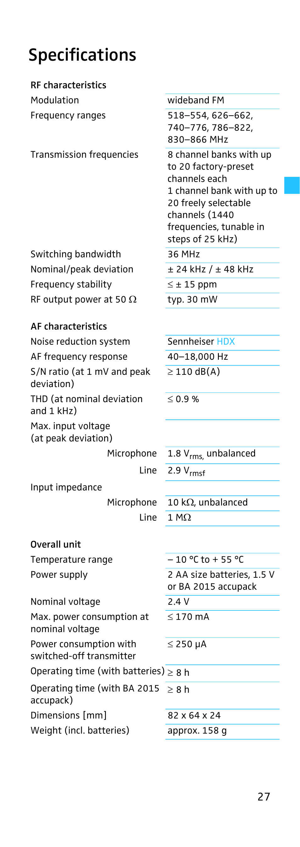 Specifications | Sennheiser EK 500 User Manual | Page 27 / 31
