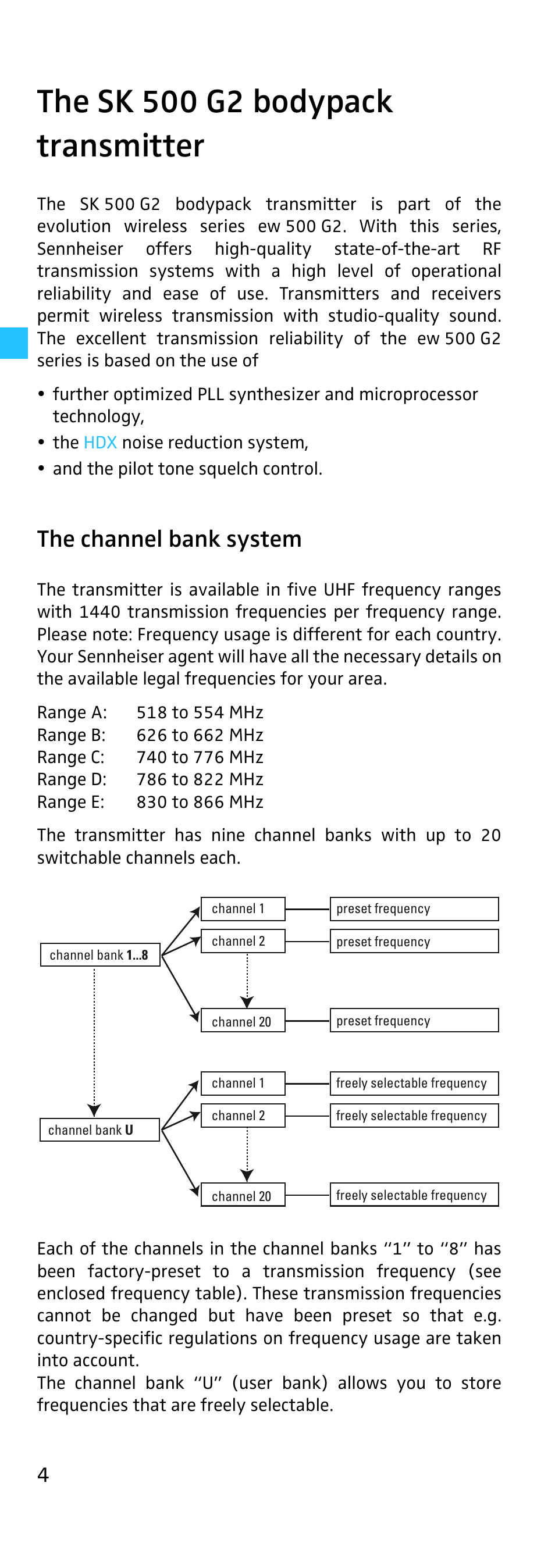 The sk 500 g2 bodypack transmitter, The channel bank system | Sennheiser EK 500 User Manual | Page 4 / 31