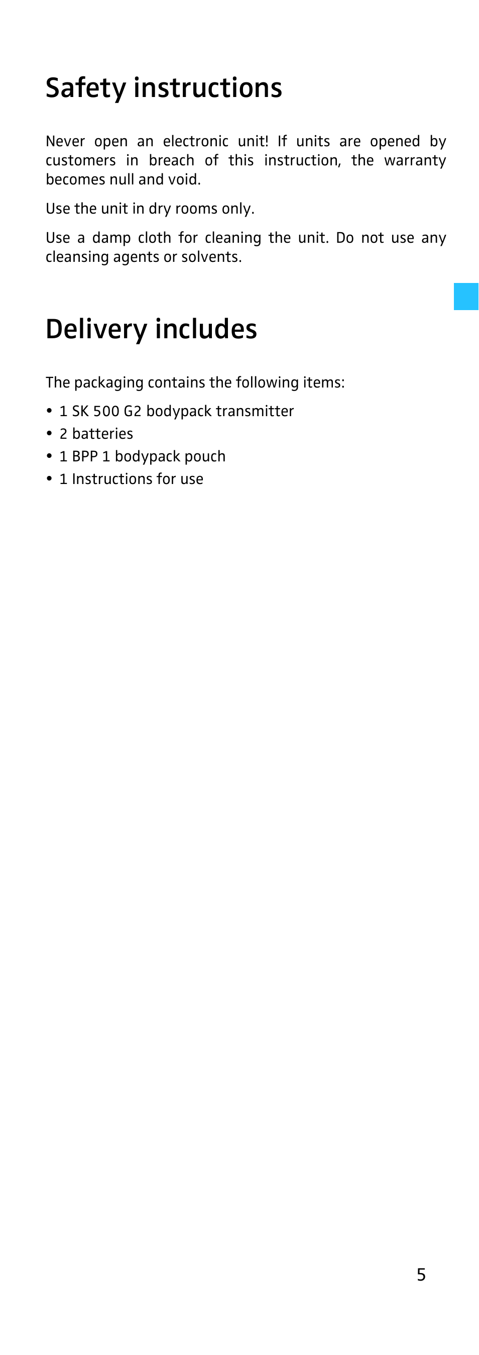 Safety instructions, Delivery includes | Sennheiser EK 500 User Manual | Page 5 / 31