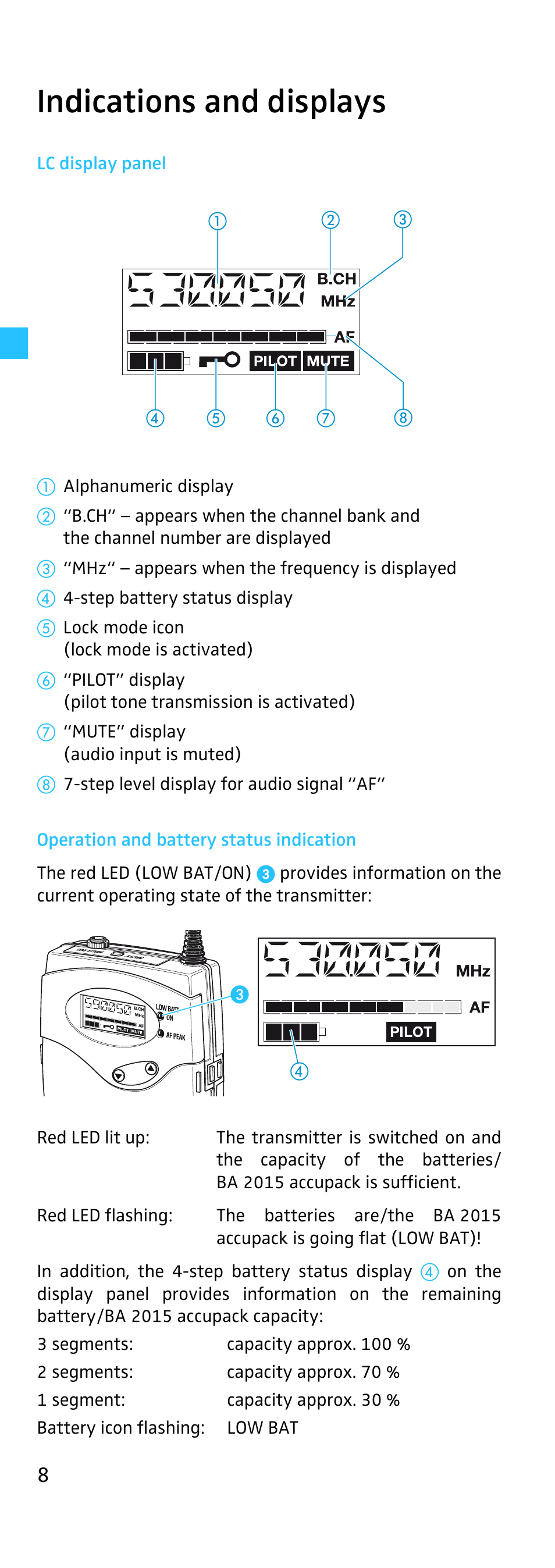 Indications and displays, Lc display panel, Operation and battery status indication | Sennheiser EK 500 User Manual | Page 8 / 31