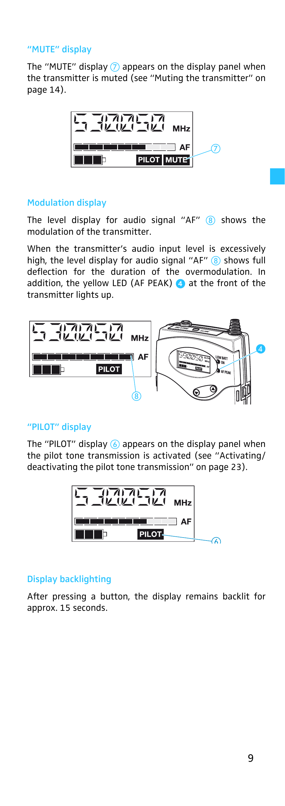 Mute” display, Modulation display, Pilot” display | Display backlighting | Sennheiser EK 500 User Manual | Page 9 / 31