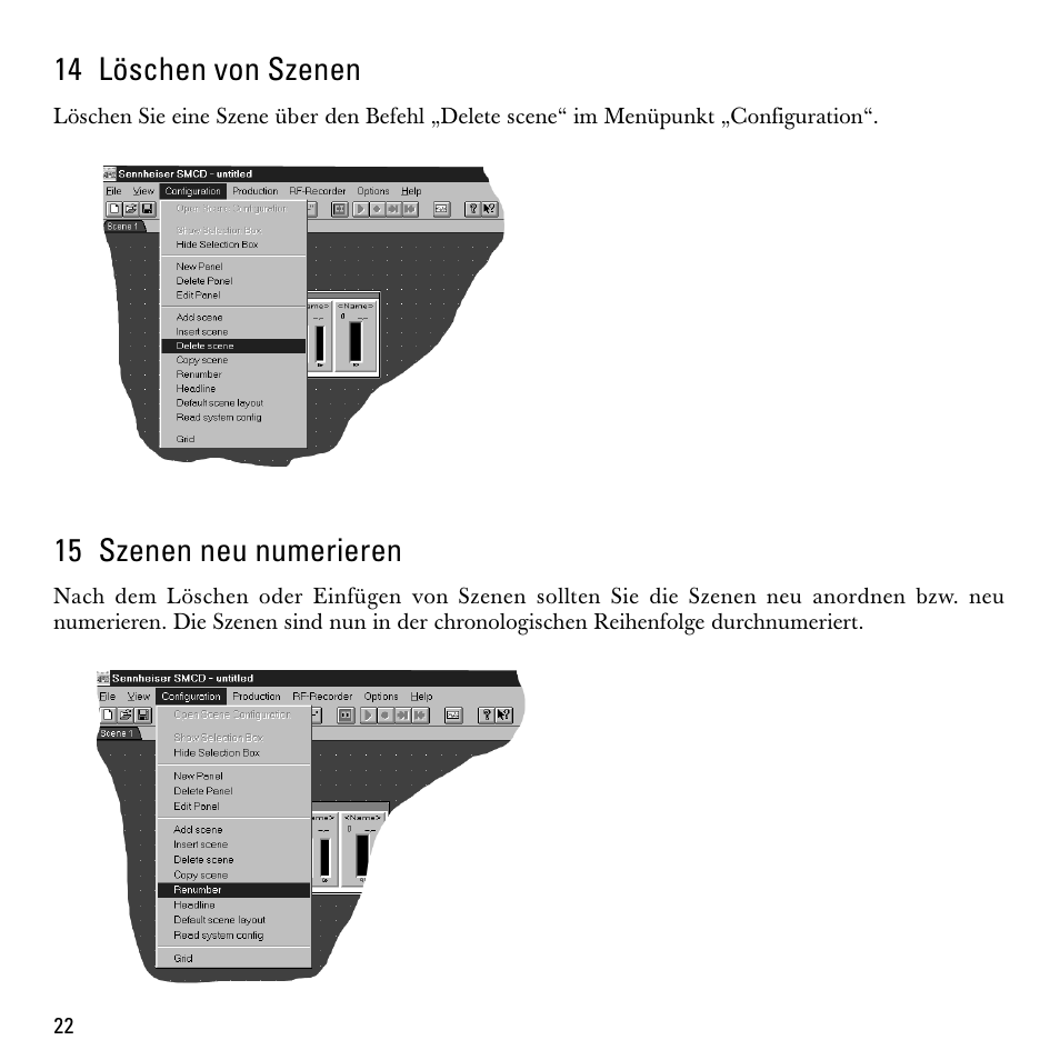 14 löschen von szenen, 15 szenen neu numerieren | Sennheiser S-MCD 3000 HP User Manual | Page 22 / 134