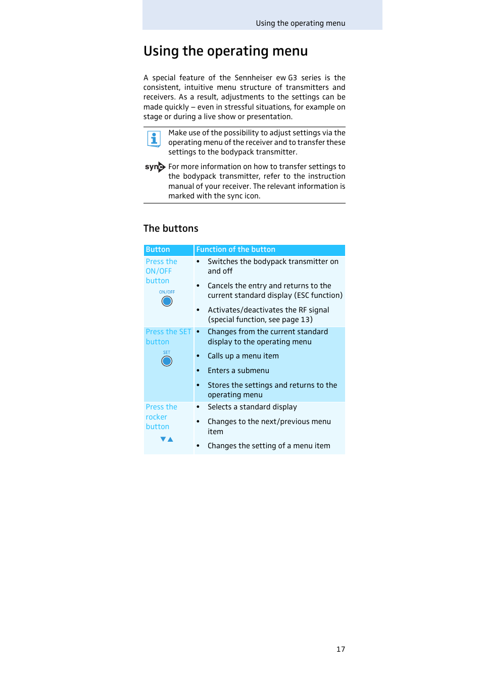 Using the operating menu, The buttons | Sennheiser SK 500 G3 User Manual | Page 18 / 42