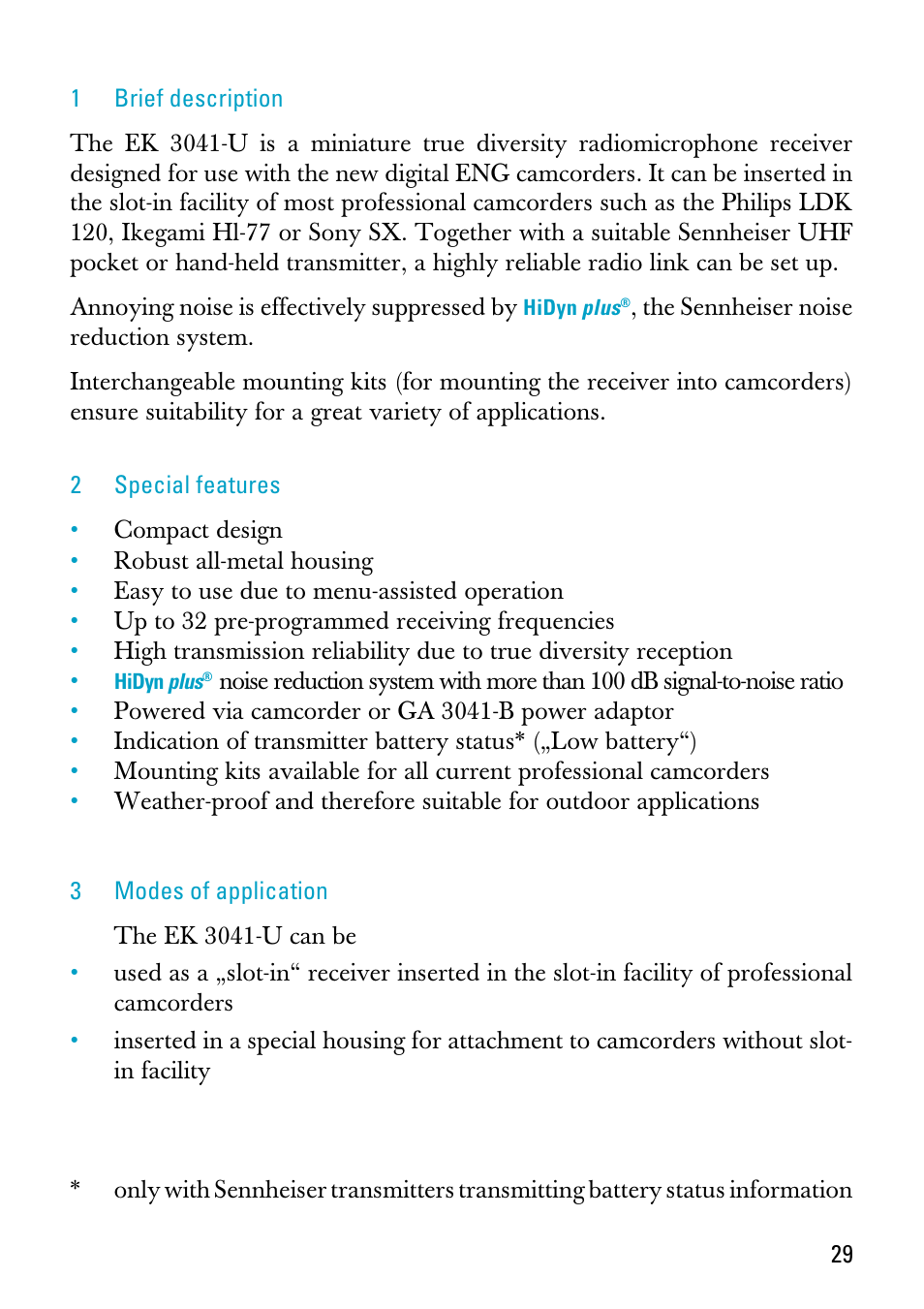 1 brief description, 2 special features, 3 modes of application | Sennheiser EK 3041-U User Manual | Page 3 / 25