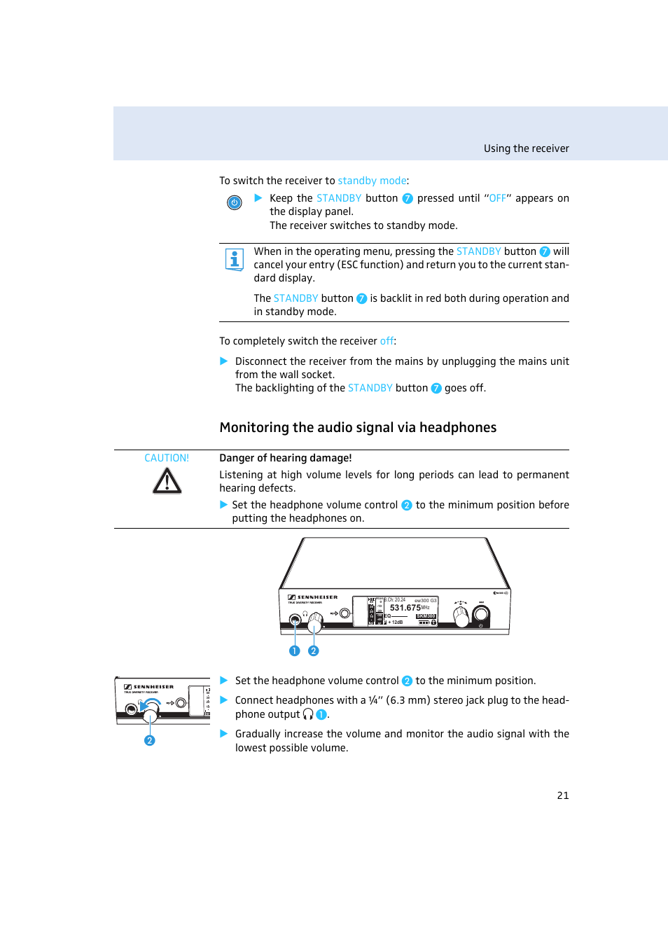 Monitoring the audio signal via headphones | Sennheiser Rack-mount Receiver EM 300 G3 User Manual | Page 22 / 62