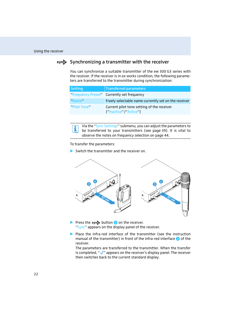 Synchronizing a transmitter with the receiver | Sennheiser Rack-mount Receiver EM 300 G3 User Manual | Page 23 / 62