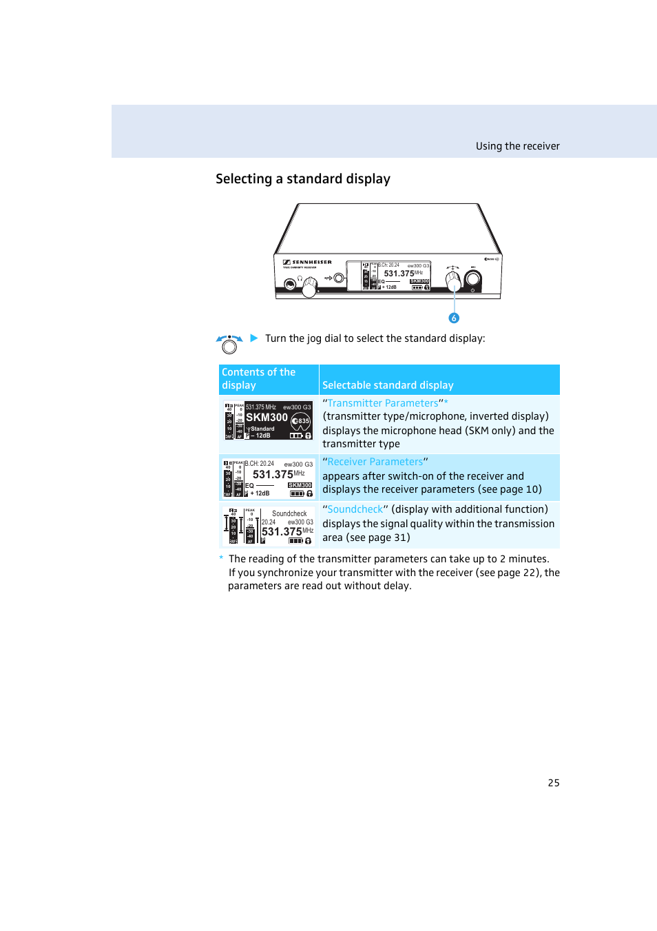 Selecting a standard display, Using the receiver 25, Skm300 | Sennheiser Rack-mount Receiver EM 300 G3 User Manual | Page 26 / 62