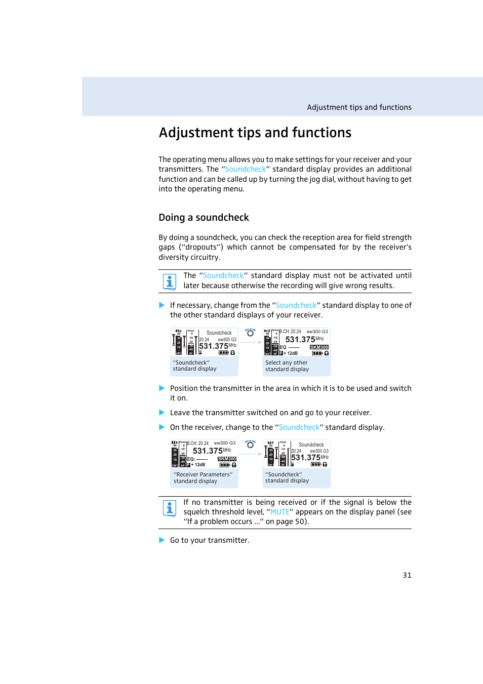 Adjustment tips and functions, Doing a soundcheck, Adjustment tips and functions 31 | Sennheiser Rack-mount Receiver EM 300 G3 User Manual | Page 32 / 62