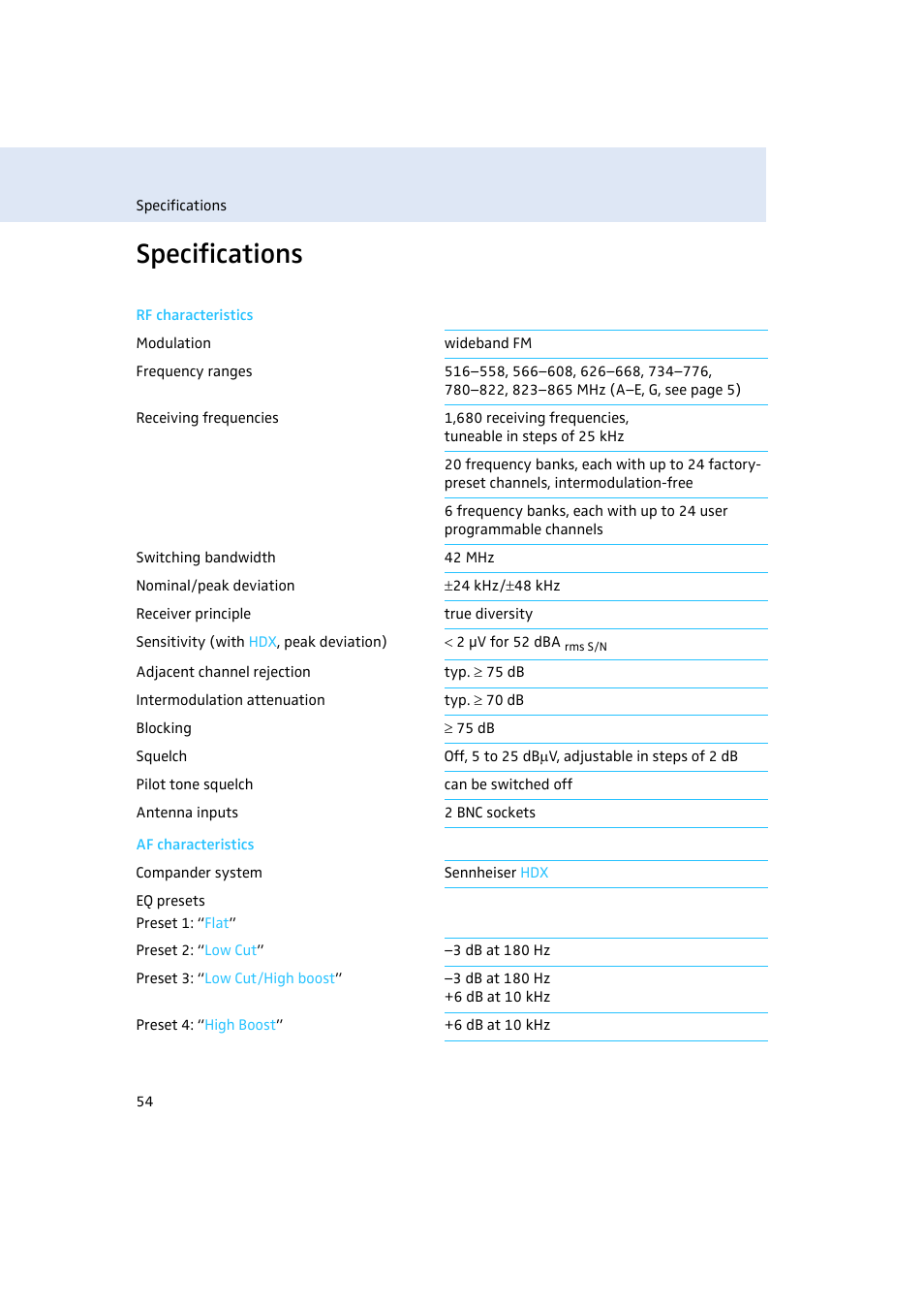 Specifications | Sennheiser Rack-mount Receiver EM 300 G3 User Manual | Page 55 / 62