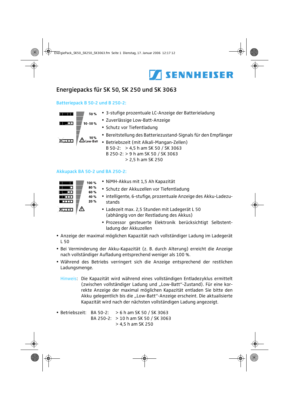 Sennheiser ENERGIEPACKS SK 50 User Manual | 6 pages