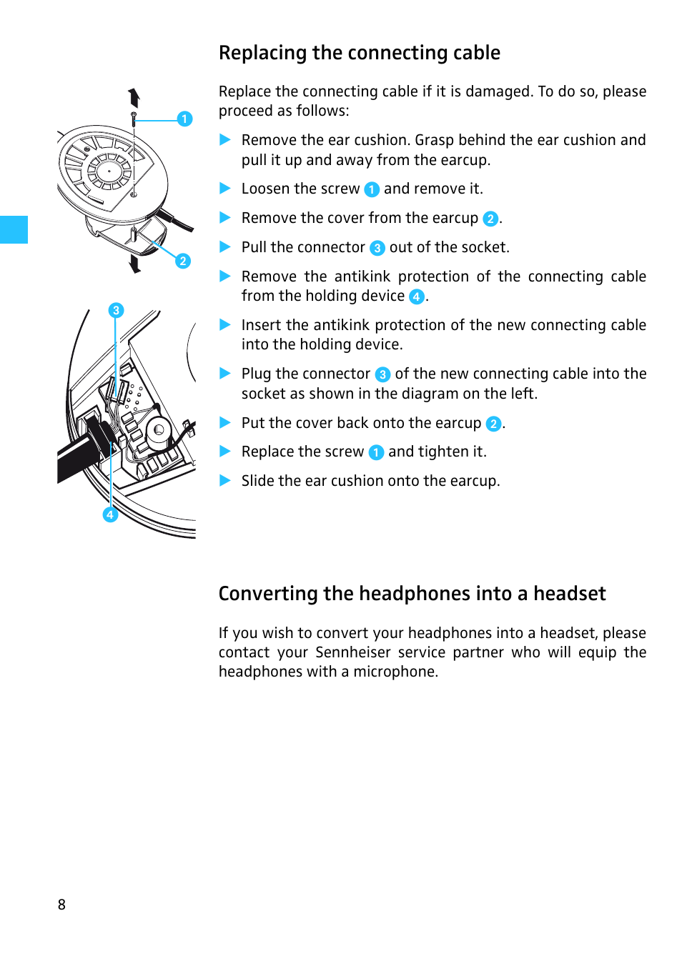 Replacing the connecting cable, Converting the headphones into a headset | Sennheiser HD 280 User Manual | Page 9 / 13