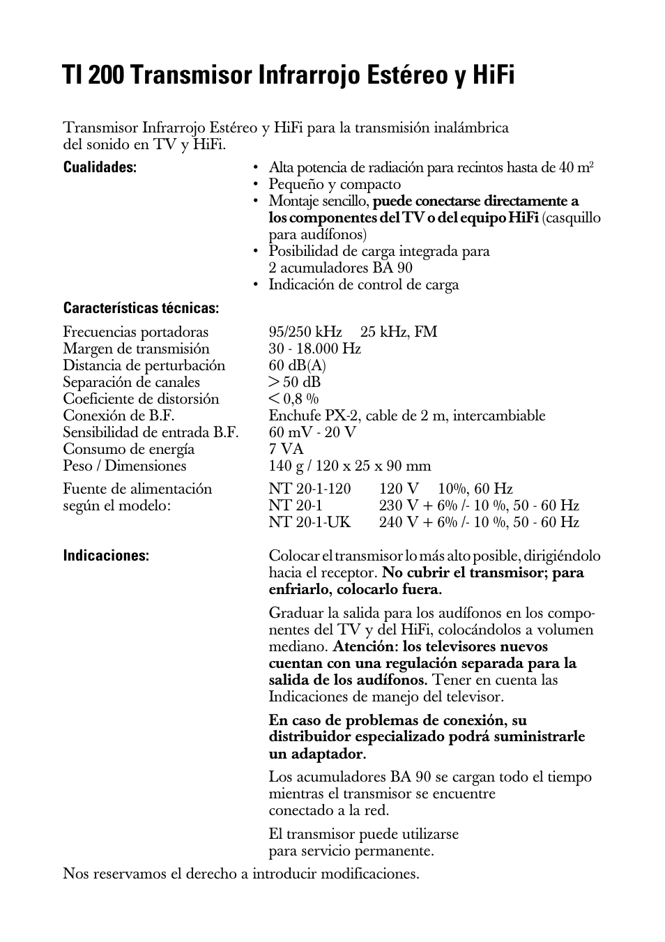 Modo de empleo, Cualidades, Características técnicas | Indicaciones, Ti 200 transmisor infrarrojo estéreo y hifi | Sennheiser Infrarot-Stereo-HiFi-Sender TI 200 User Manual | Page 6 / 8