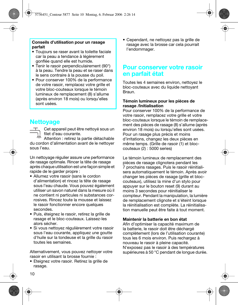 Nettoyage, Pour conserver votre rasoir en parfait état | Braun 5877 User Manual | Page 10 / 46