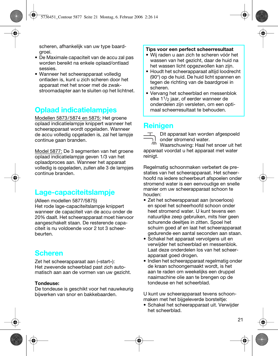 Oplaad indicatielampjes, Lage-capaciteitslampje, Scheren | Reinigen | Braun 5877 User Manual | Page 21 / 46