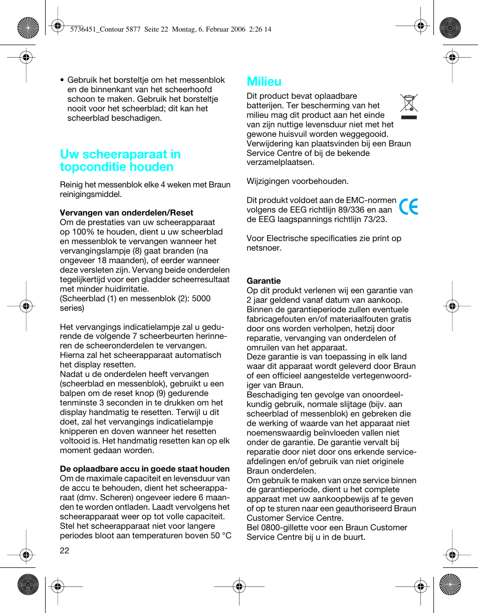 Uw scheeraparaat in topconditie houden, Milieu | Braun 5877 User Manual | Page 22 / 46