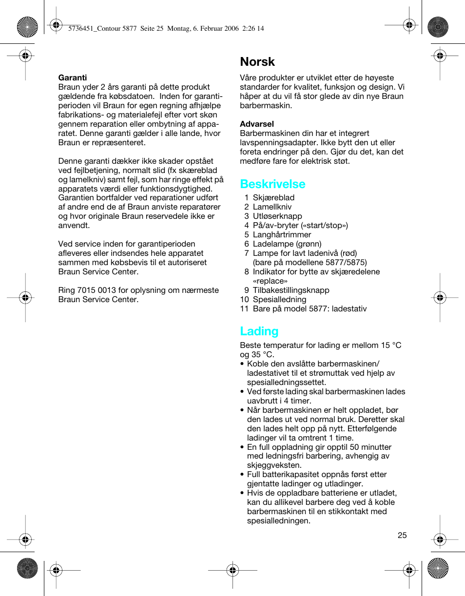 Norsk, Beskrivelse, Lading | Braun 5877 User Manual | Page 25 / 46