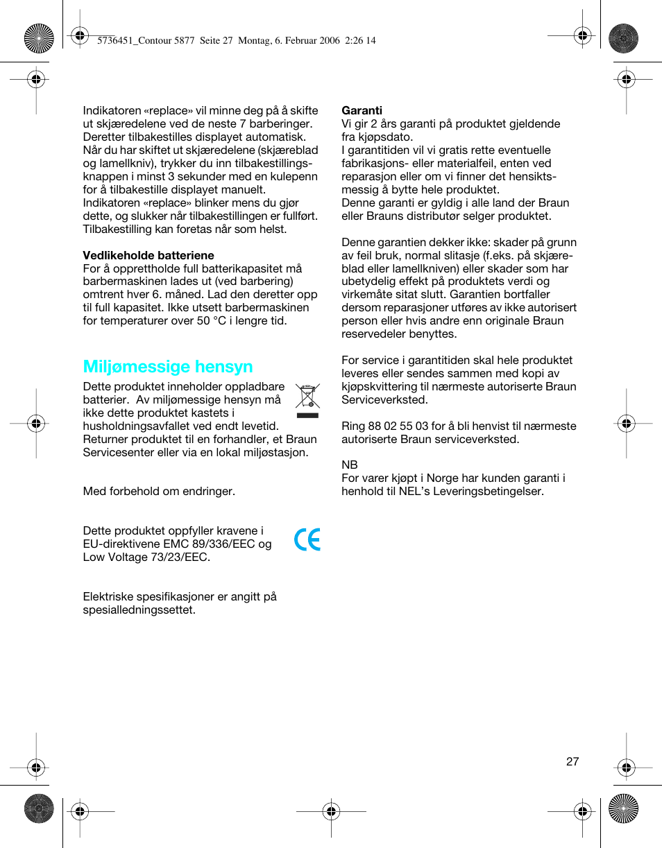 Miljømessige hensyn | Braun 5877 User Manual | Page 27 / 46