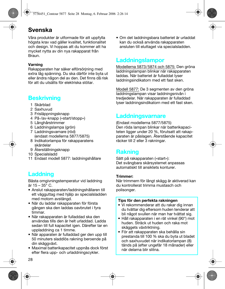 Svenska, Beskrivning, Laddning | Laddningslampor, Laddningsvarnare, Rakning | Braun 5877 User Manual | Page 28 / 46