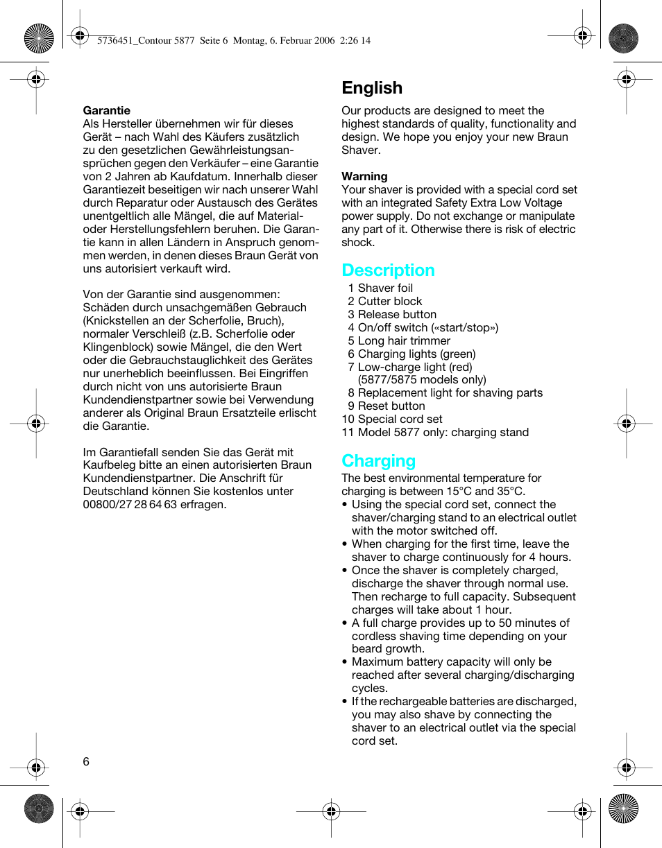 English, Description, Charging | Braun 5877 User Manual | Page 6 / 46