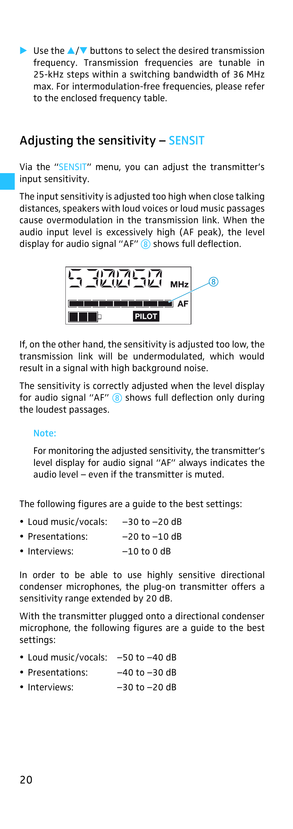 Adjusting the sensitivity, Adjusting the sensitivity – sensit | Sennheiser SKP 500 User Manual | Page 20 / 29
