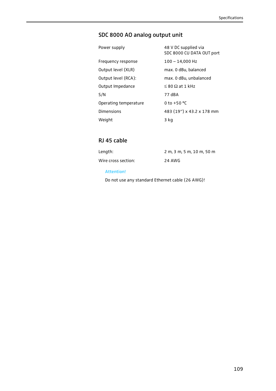 Sdc 8000 ao analog output unit, Rj 45 cable | Sennheiser CONFERENCE SYSTEM SDC 8000 User Manual | Page 109 / 116